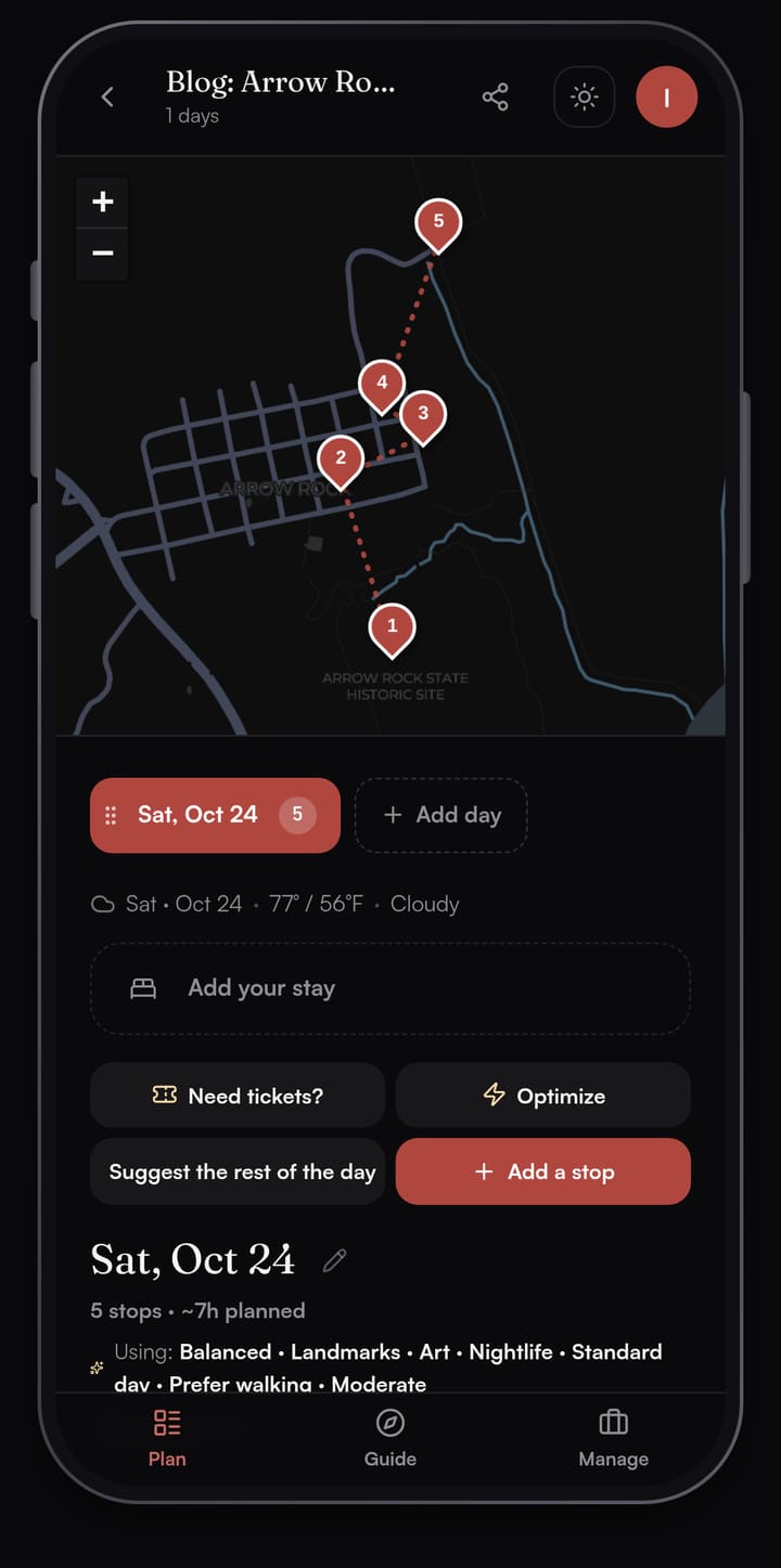 Passage AI day map of Arrow Rock, Missouri with seven numbered stops from the state historic site visitor center to the Pierre a Fleche Trail, with the Need tickets? and Optimize buttons below