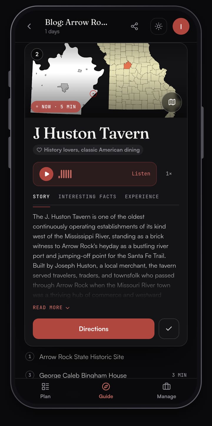 Passage AI Guide card for the J. Huston Tavern in Arrow Rock with a Listen button, the Story tab open on the tavern's history and a Directions button