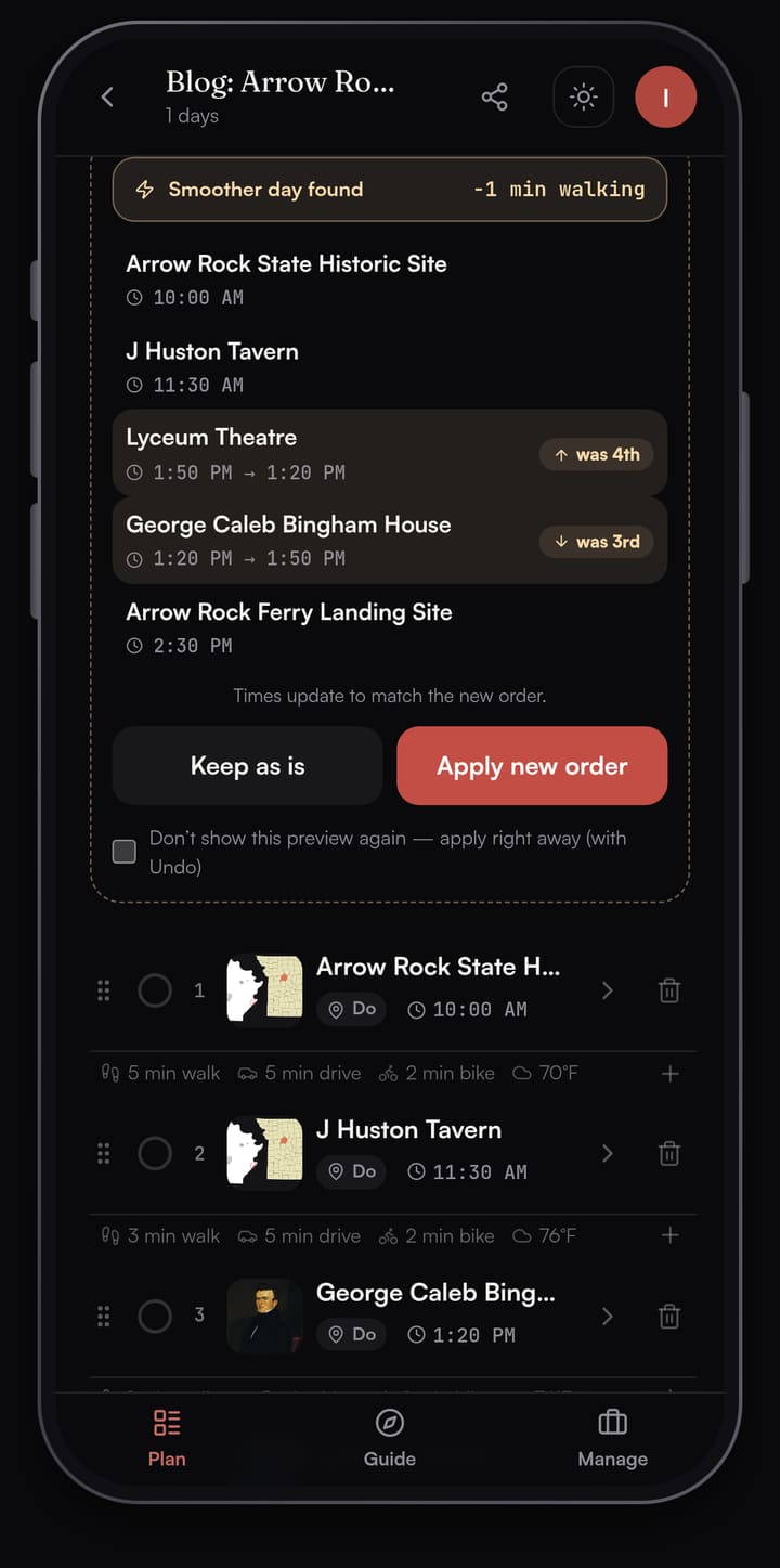 Passage AI Optimize preview for the Arrow Rock day listing the stops with their old positions and Keep as is and Apply new order buttons