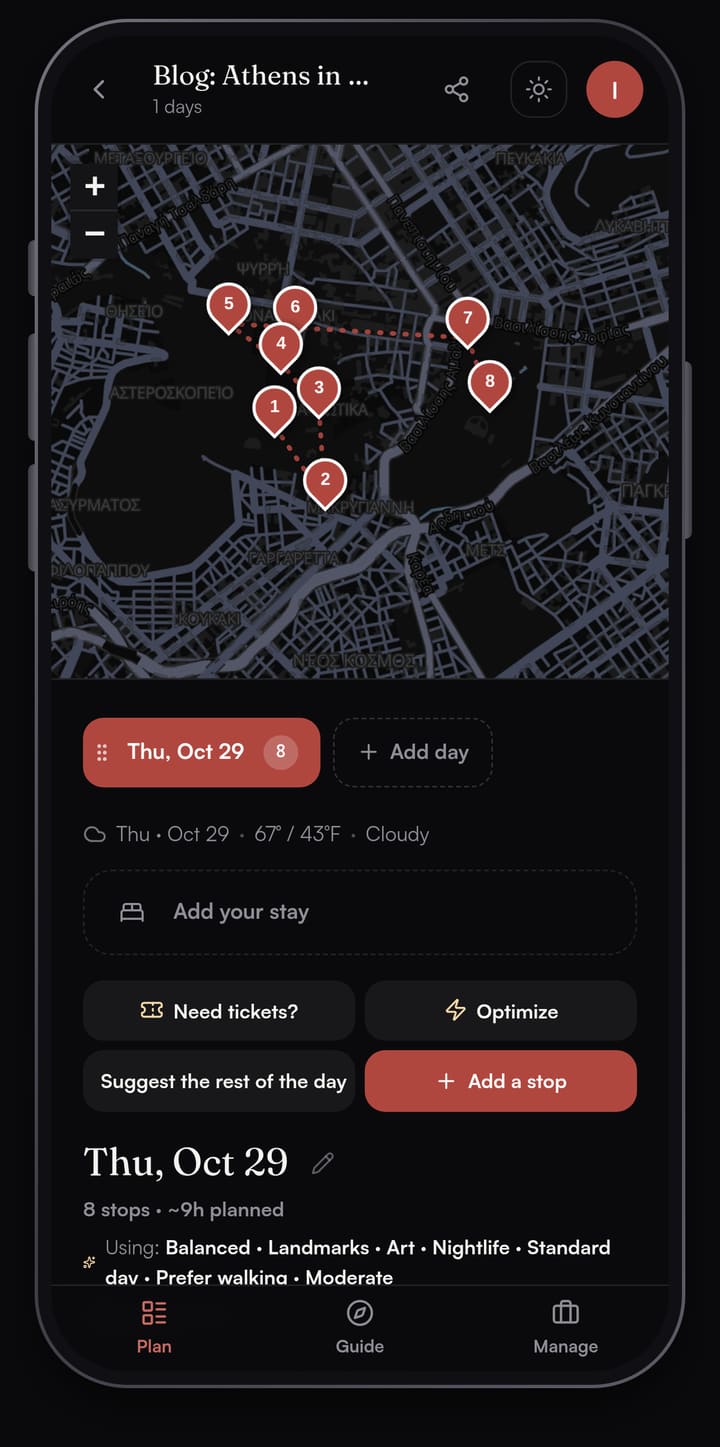 Passage AI trip plan for Athens showing a map with eight numbered stops around the Acropolis and east to Syntagma