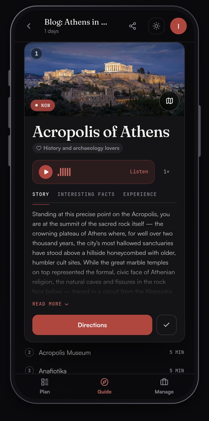 Passage AI Guide card for the Acropolis of Athens with a photo, a Listen button and the Story tab