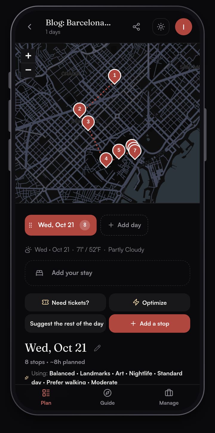 Passage AI plan map of Barcelona with eight numbered pins running from the Sagrada Família down through Passeig de Gràcia to the Gothic Quarter and El Born, above the Need tickets?, Optimize and Add a stop buttons