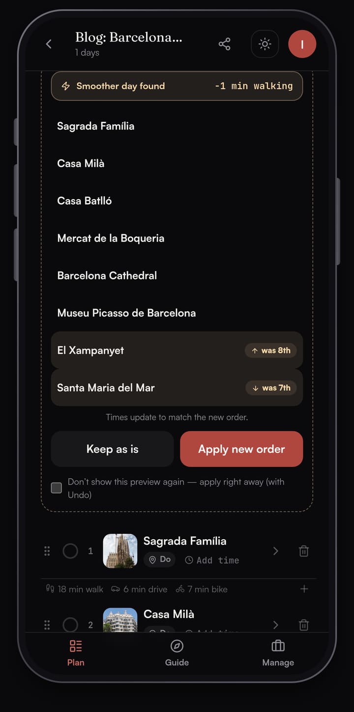Passage AI Optimize preview reading Smoother day found, minus 1 minute walking, with El Xampanyet moved up from 8th and Santa Maria del Mar moved down from 7th, and Keep as is and Apply new order buttons