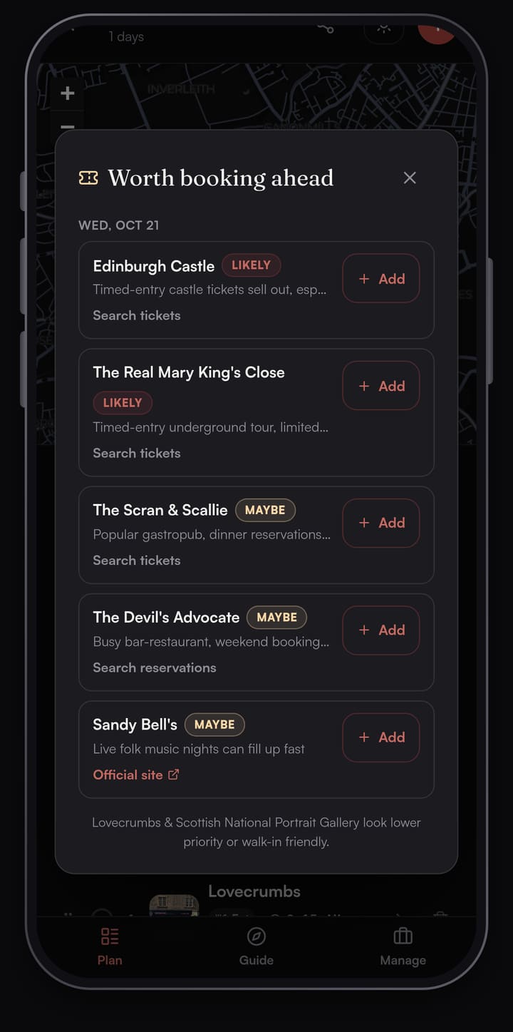 Passage AI Worth booking ahead sheet listing Edinburgh Castle and The Real Mary King's Close as likely, and The Scran and Scallie, The Devil's Advocate and Sandy Bell's as maybe