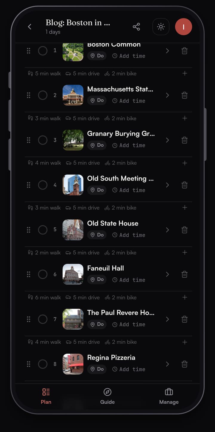 Passage AI Plan list for Boston with walk minutes between Boston Common, the Massachusetts State House, the Granary and the next Freedom Trail stops