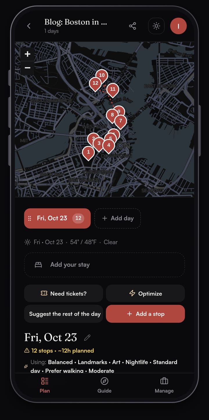 Passage AI map of a one-day Boston trip with twelve numbered stops from Boston Common through the North End to Charlestown