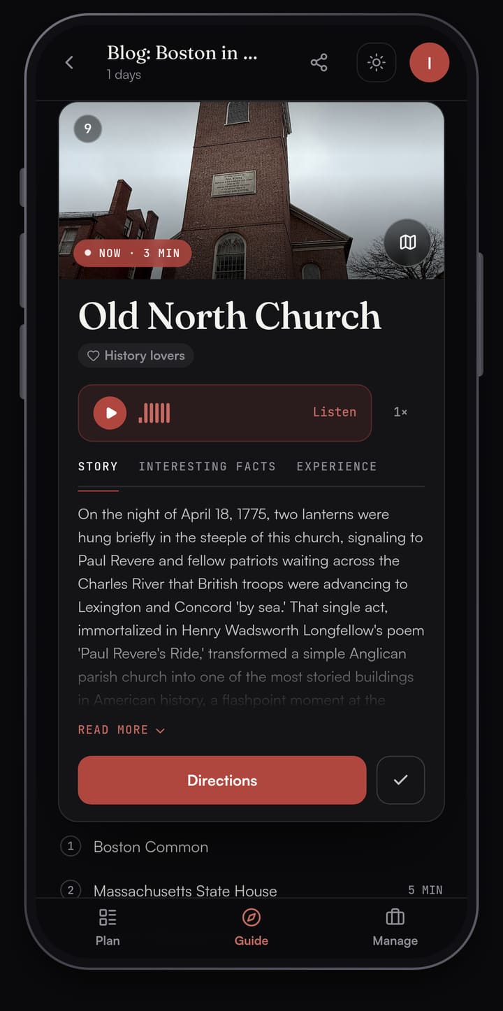 Passage AI Guide card for Old North Church with a Listen button and the story of the two lanterns of April 18, 1775