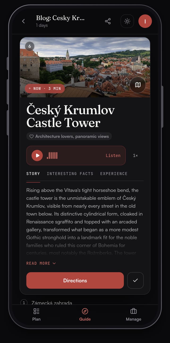 Passage AI Guide card for Český Krumlov Castle Tower with a photo of the town's red roofs, a Listen button, Story, Interesting facts and Experience tabs, and a Directions button