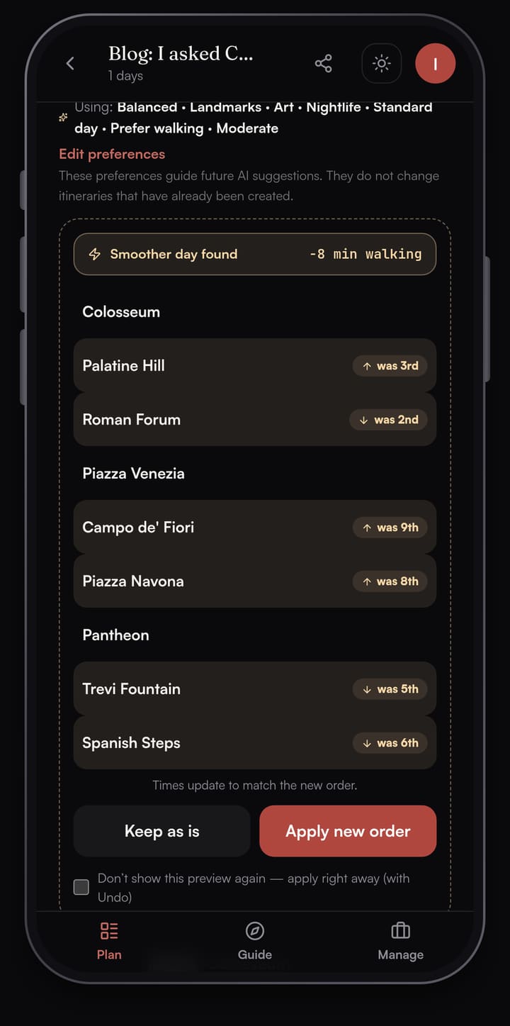 Passage AI Optimize preview reading Smoother day found, 8 minutes less walking, listing a new Rome order with was 3rd and was 9th badges and Keep as is and Apply new order buttons