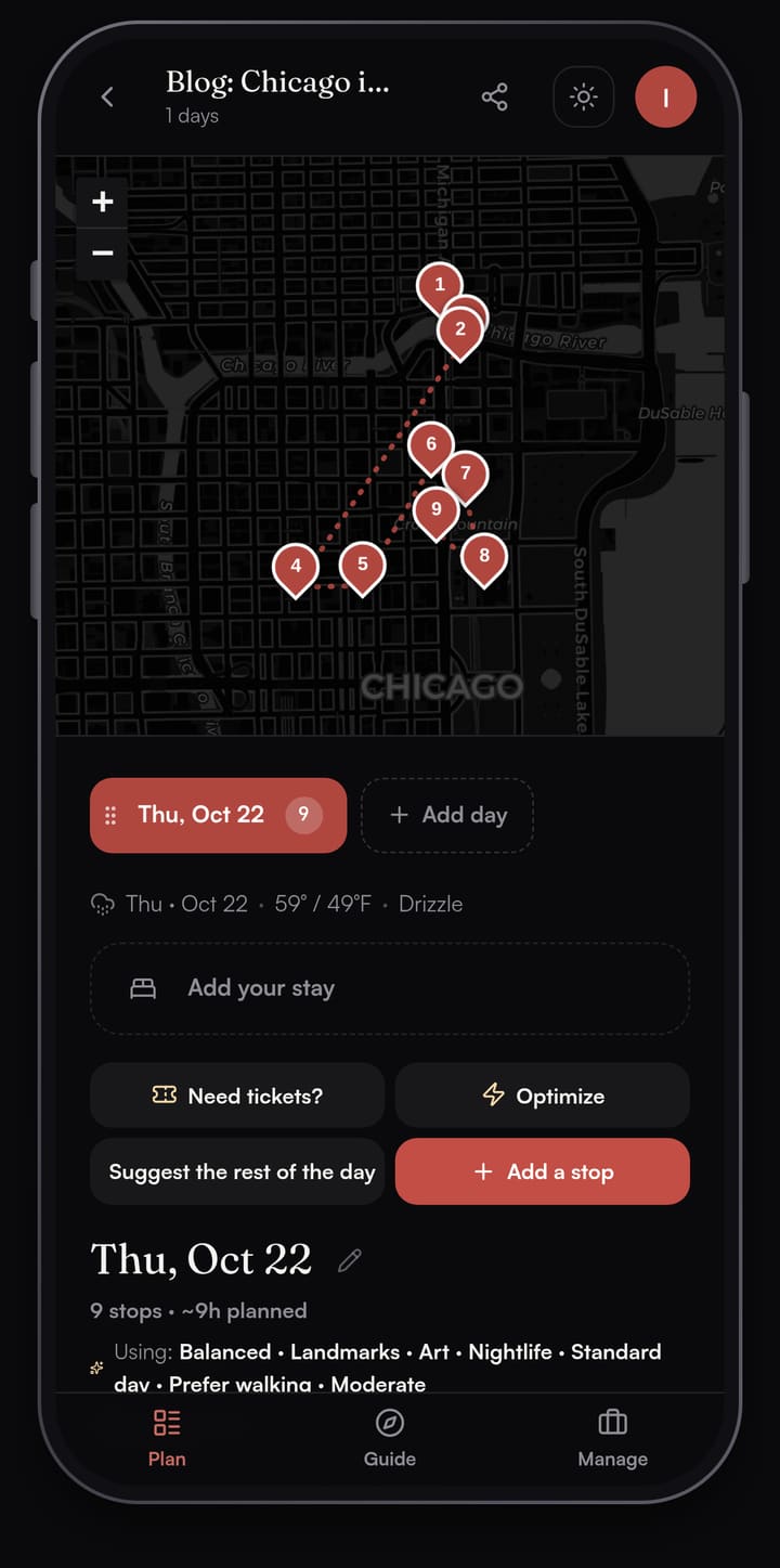 Passage AI map of a one-day Chicago plan with nine numbered pins from the Wrigley Building on the river south through the Loop to the Art Institute, with the day's weather and Need tickets?, Optimize and Add a stop buttons below