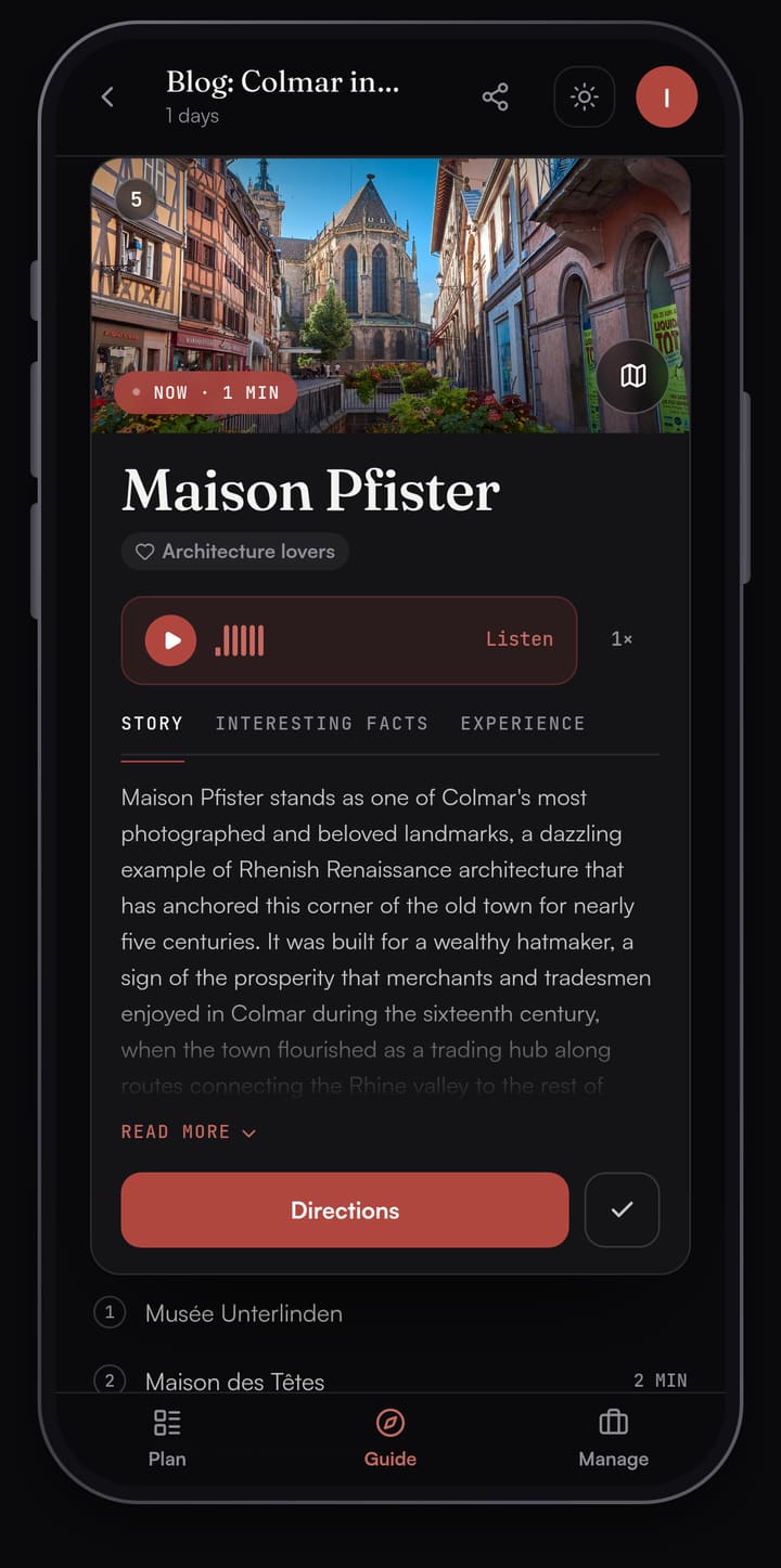 Passage AI Guide card for Maison Pfister in Colmar with a photo, the story of the house, a Listen button and Directions