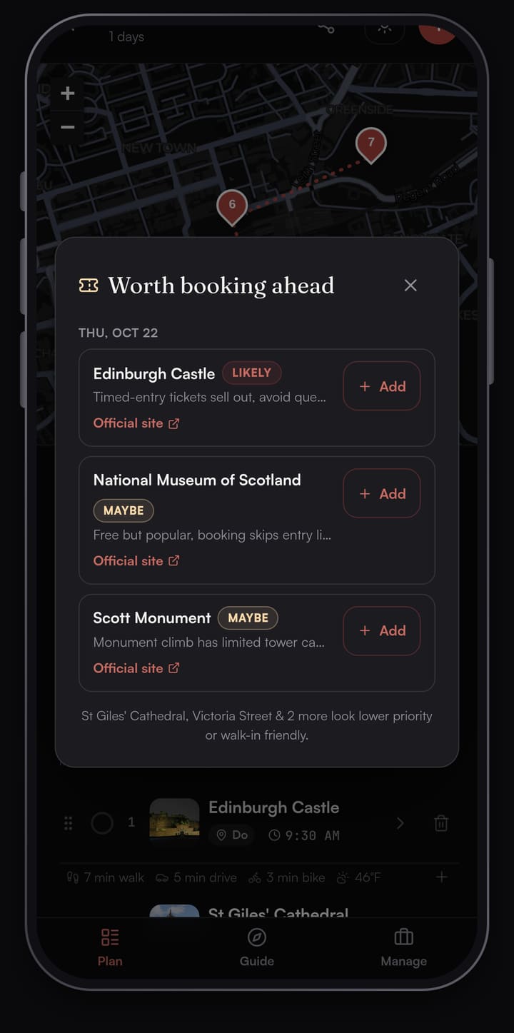 Passage AI Need tickets? sheet listing which Edinburgh stops are worth booking ahead