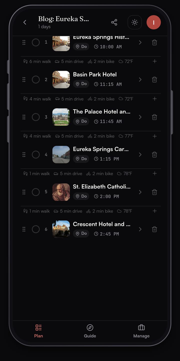 Passage AI plan list for Eureka Springs showing the Historical Museum, the Basin Park Hotel, the Palace Hotel and Bath House, the Carnegie Public Library, St. Elizabeth Catholic Church and the Crescent Hotel and Spa with times and walk minutes