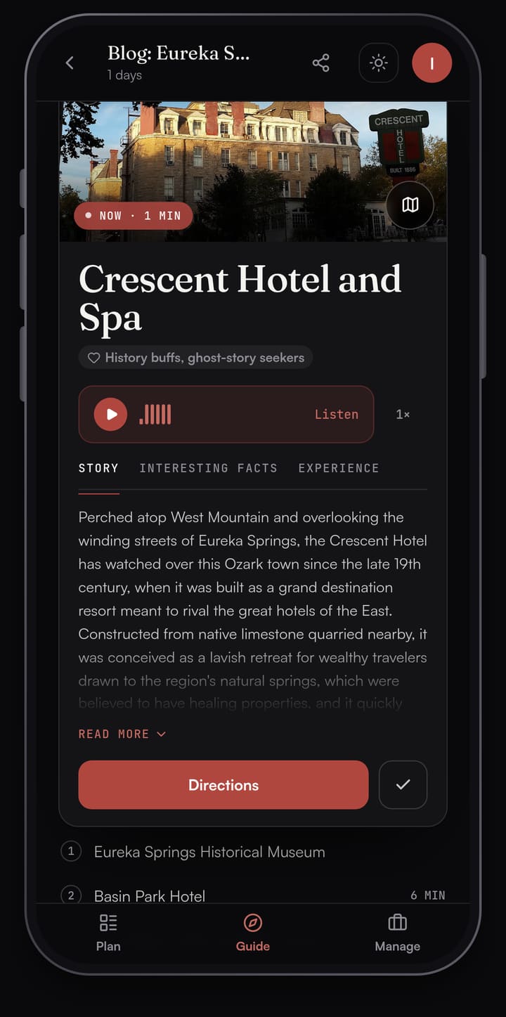 Passage AI Guide card for the Crescent Hotel and Spa in Eureka Springs with a Listen button, the Story tab open on the hotel's history and a Directions button