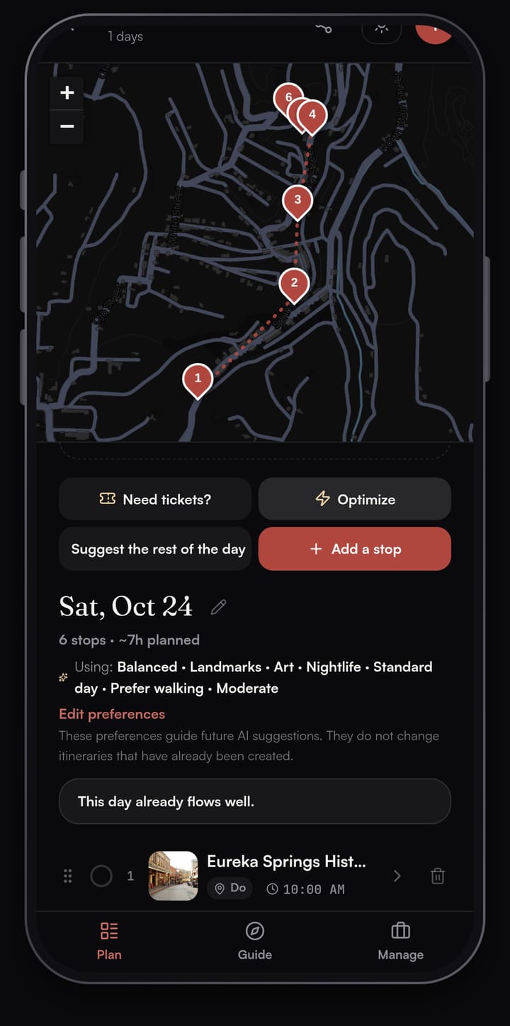 Passage AI Optimize result for the Eureka Springs day reading This day already flows well, above the first stop in the plan
