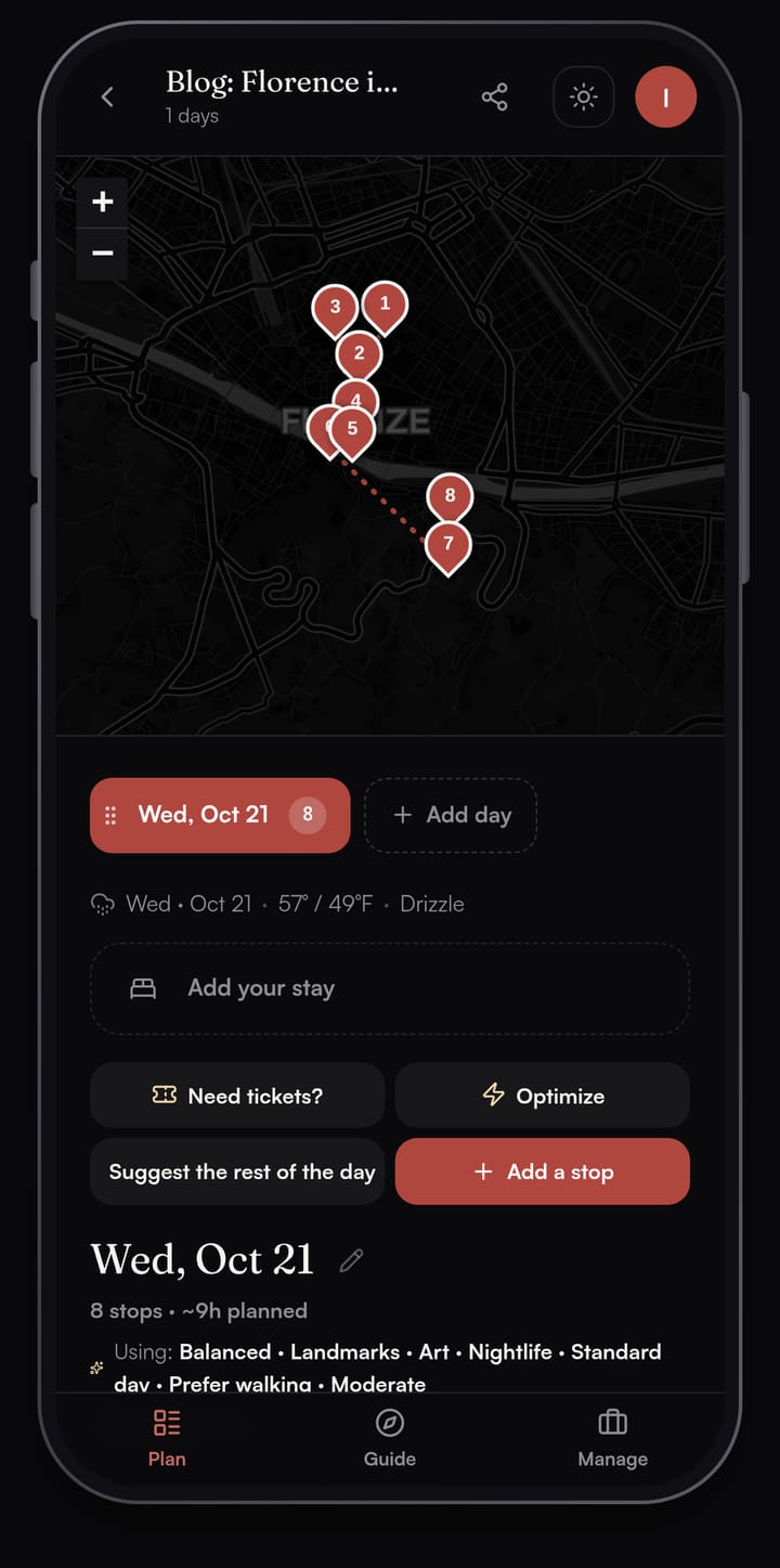 Passage AI map of a one-day Florence plan with eight numbered pins, from the Accademia north of the cathedral down to San Miniato and Piazzale Michelangelo across the Arno