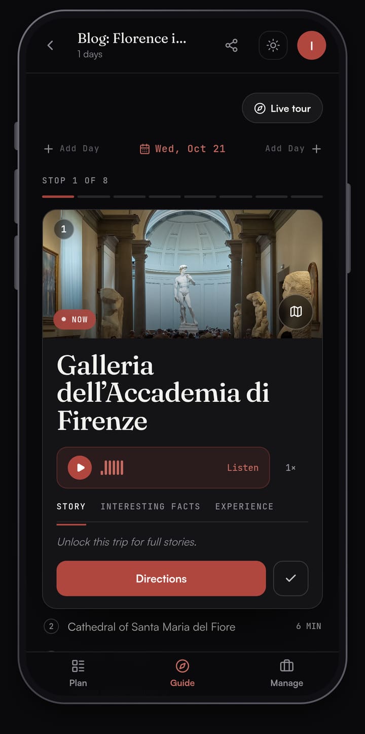 Passage AI Guide card for the Galleria dell'Accademia di Firenze, stop 1 of 8, with a photo of Michelangelo's David, a Listen button and a Directions button