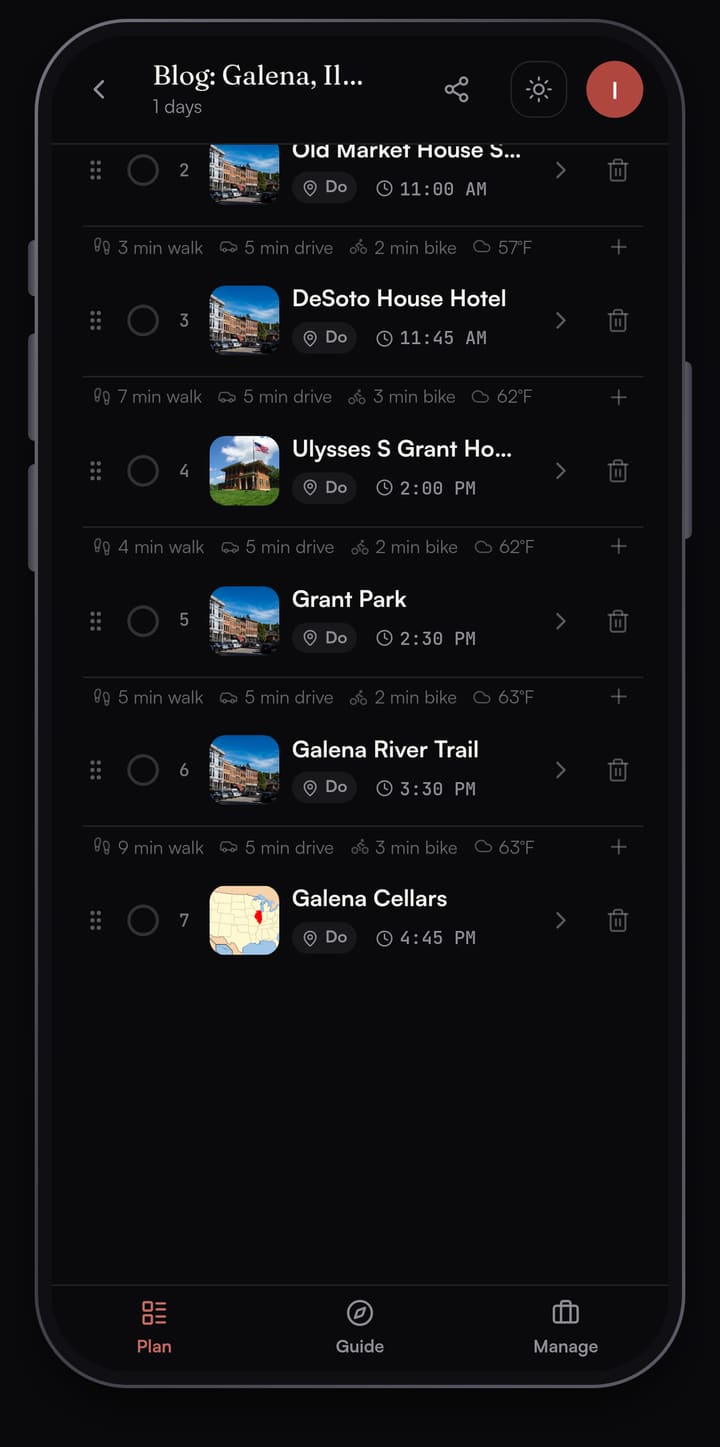 Passage AI plan list for Galena showing Old Market House, DeSoto House Hotel, Ulysses S. Grant Home, Grant Park, Galena River Trail and Galena Cellars with times and walk minutes