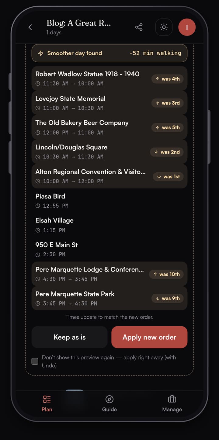 Passage AI Optimize preview reading Smoother day found, minus 52 minutes walking, reordering the Alton stops and the two Pere Marquette stops, with Keep as is and Apply new order buttons
