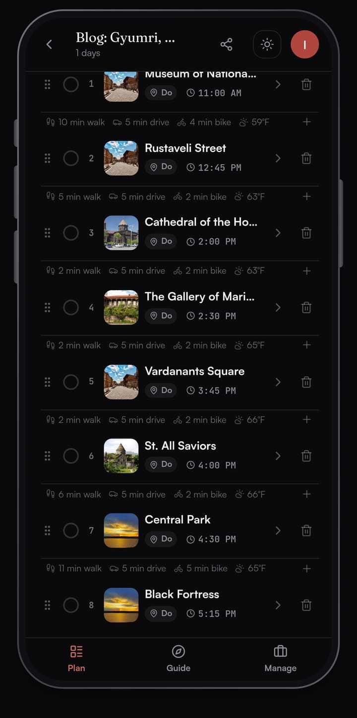 Passage AI plan list for Gyumri showing the Museum of National Architecture and Urban Life, Rustaveli Street, the Seven Wounds church, the Aslamazyan Sisters gallery, Vardanants Square, St. All Saviors, Central Park and the Black Fortress with times and walk minutes