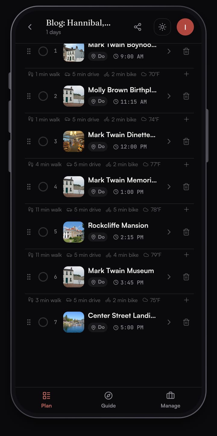 Passage AI plan list for Hannibal showing the Mark Twain Boyhood Home & Museum at 9:00 AM, Molly Brown Birthplace Museum, Mark Twain Dinette, Mark Twain Memorial Lighthouse, Rockcliffe Mansion, Mark Twain Museum and Center Street Landing with times and walk minutes