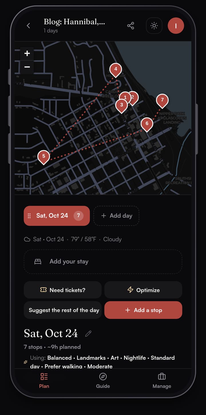 Passage AI day map of Hannibal, Missouri with seven numbered stops from Cardiff Hill and the Twain campus west to Rockcliffe Mansion and east to the Mississippi riverfront, with the Need tickets? and Optimize buttons below