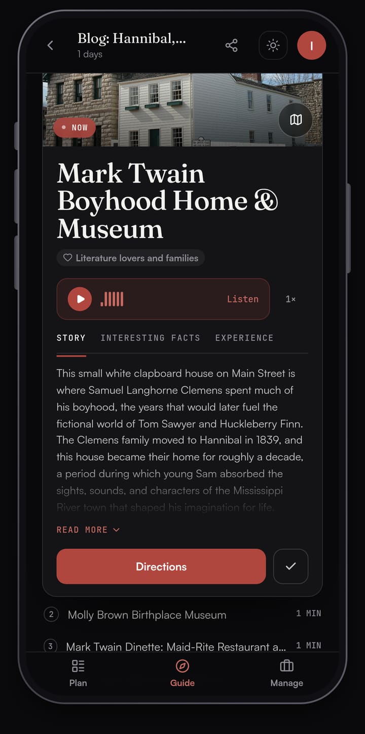 Passage AI Guide card for the Mark Twain Boyhood Home & Museum with a photo of the house, a Listen button, the Story tab open and the next stops listed below
