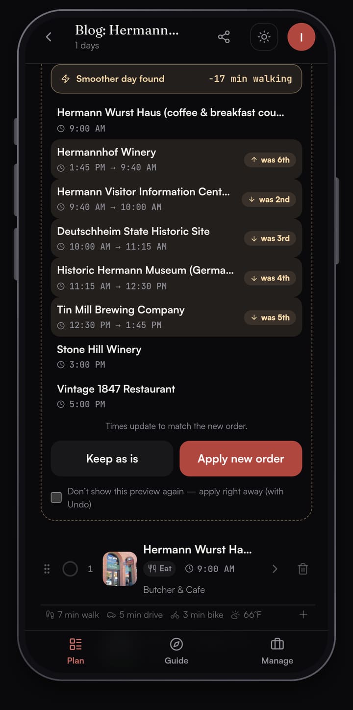 Passage AI Optimize preview reading Smoother day found, minus 17 minutes walking, moving Hermannhof Winery from sixth to second with Keep as is and Apply new order buttons