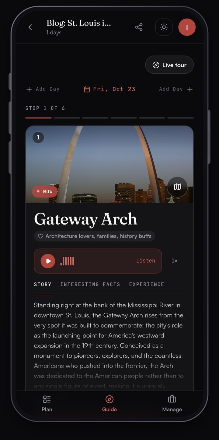 Passage AI Guide card for the Gateway Arch in St. Louis, with a photo of the Arch, a Listen button and the start of its story