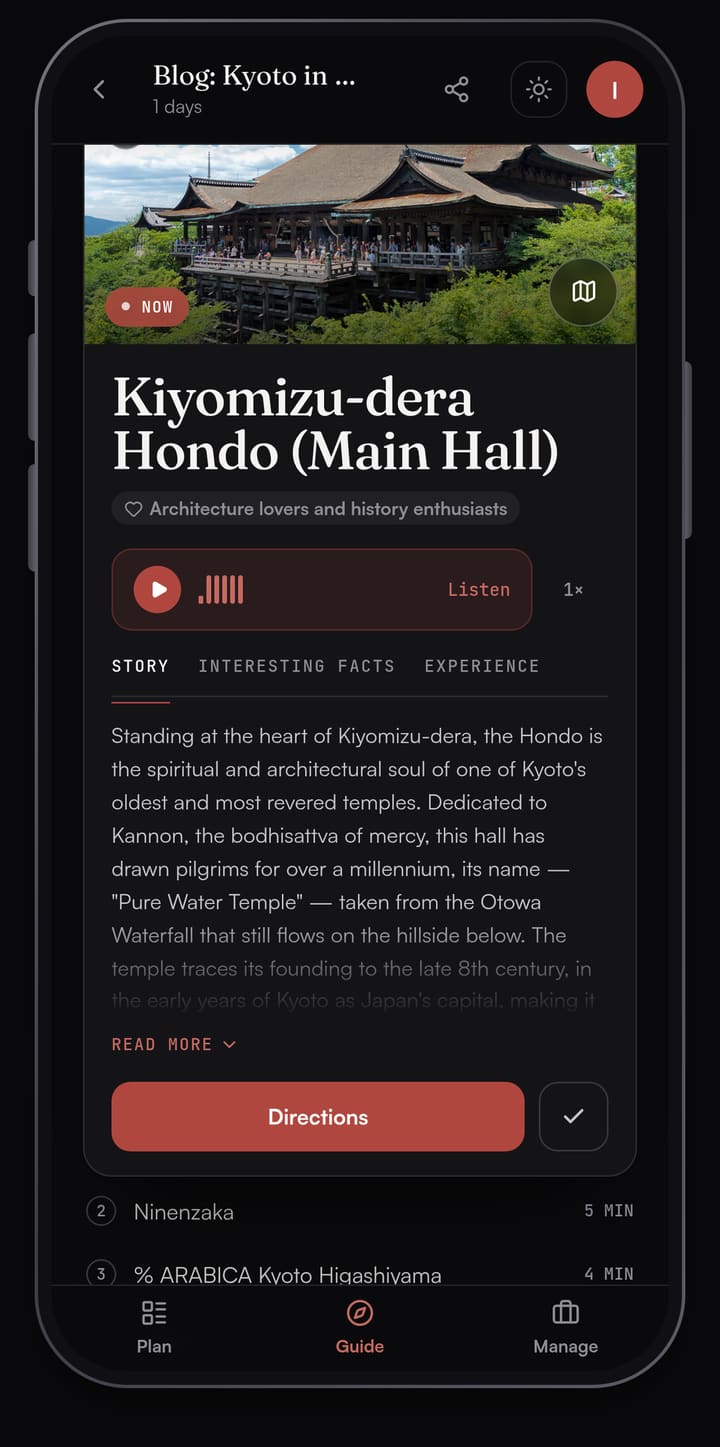 Passage AI Guide card for Kiyomizu-dera's main hall, with a photo, the Story tab, a Listen button and Directions