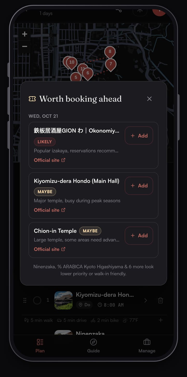 Passage AI Need tickets? results for the Kyoto day, listing which stops are worth booking ahead