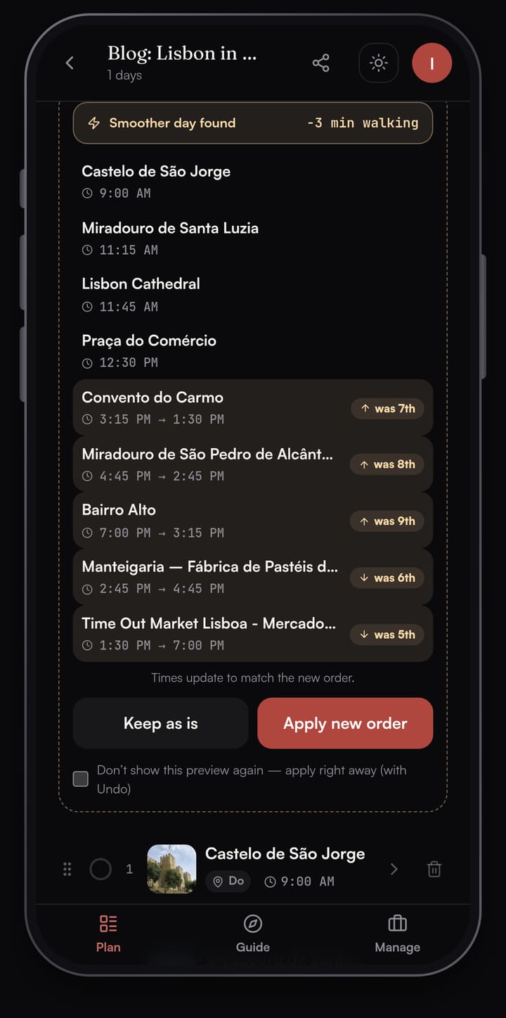 Passage AI Optimize preview reading Smoother day found, minus 3 min walking, listing nine Lisbon stops with was 7th, was 8th, was 9th, was 6th and was 5th badges and buttons for Keep as is and Apply new order