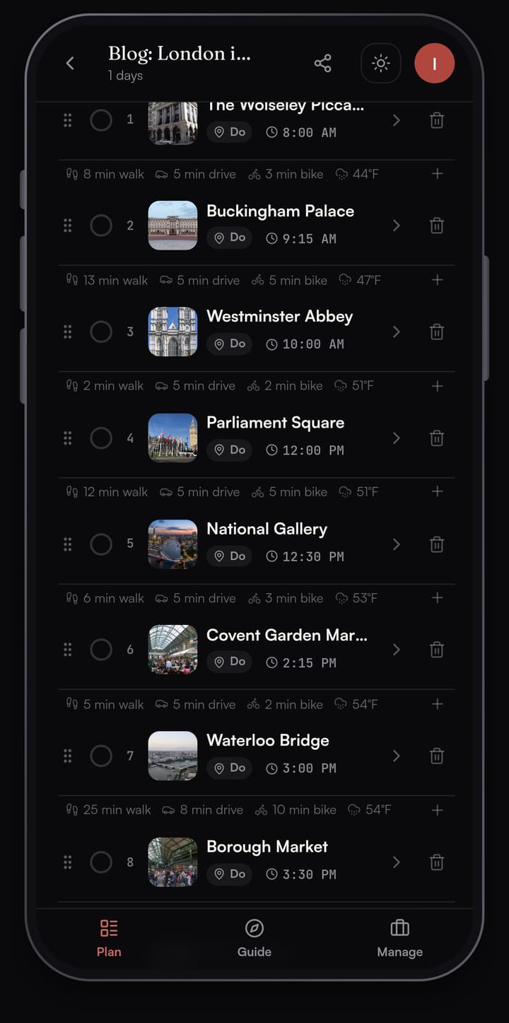 Passage AI day list for London: The Wolseley at 8:00 AM, Buckingham Palace at 9:15, Westminster Abbey at 10:00, Parliament Square at 12:00 PM, the National Gallery at 12:30, Covent Garden Market at 2:15, Waterloo Bridge at 3:00 and Borough Market at 3:30, with walk times between them