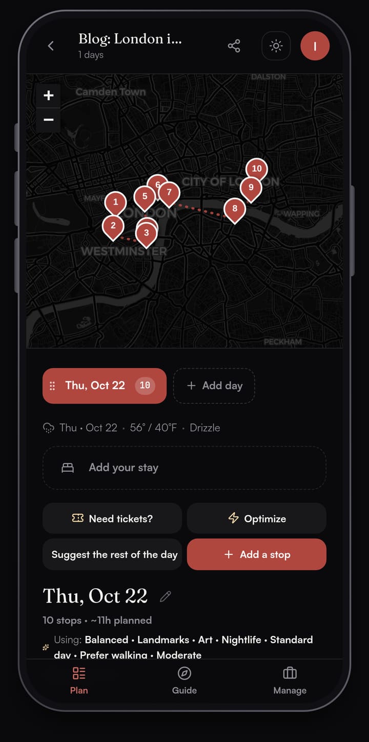 Passage AI map of a one-day London plan with ten numbered pins, from Piccadilly and Westminster in the west to the City of London in the east