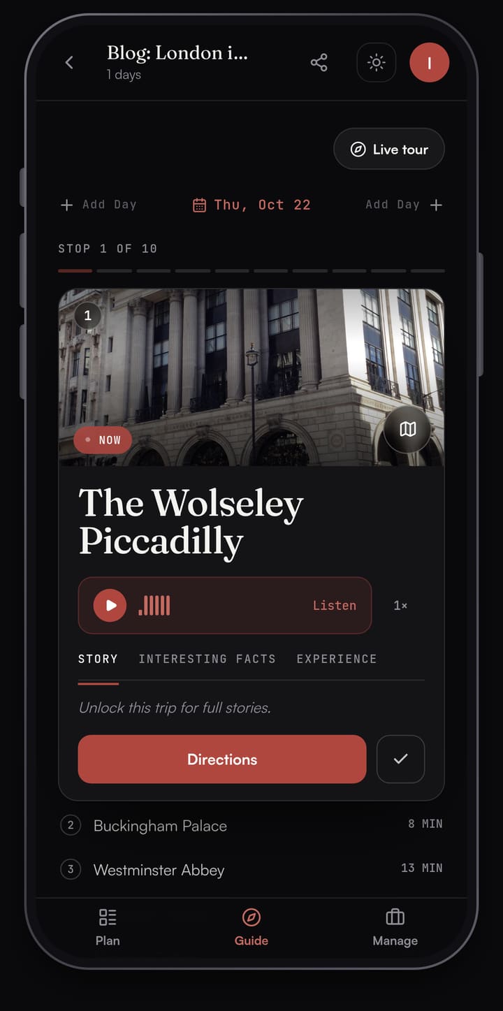 Passage AI Guide card for The Wolseley Piccadilly, stop 1 of 10, with a photo of the stone building, a Listen button and a Directions button