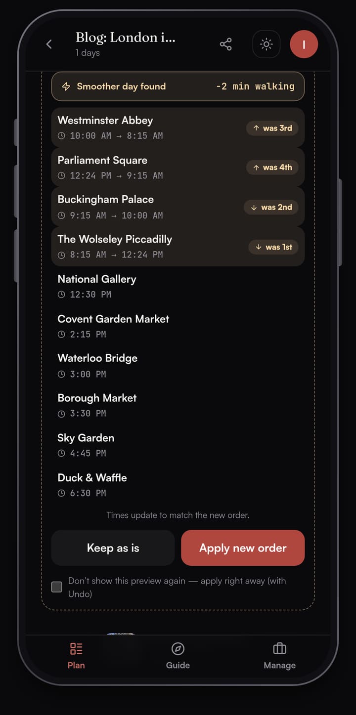 Passage AI Optimize preview reading Smoother day found, minus 2 minutes walking, moving Westminster Abbey to first and The Wolseley to fourth, with Keep as is and Apply new order buttons