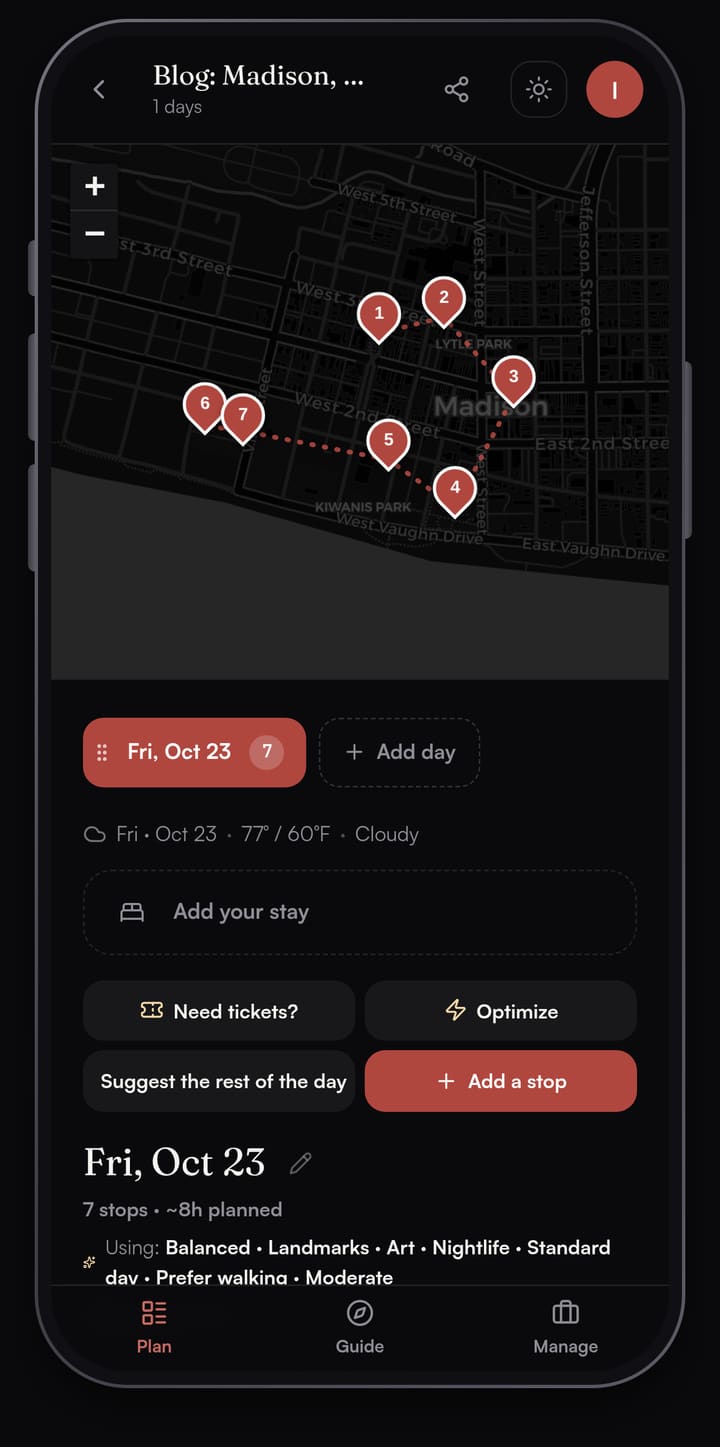 Passage AI day map of Madison, Indiana with seven numbered stops between Broadway and Lanier Mansion above the Ohio River, and the Need tickets? and Optimize buttons below