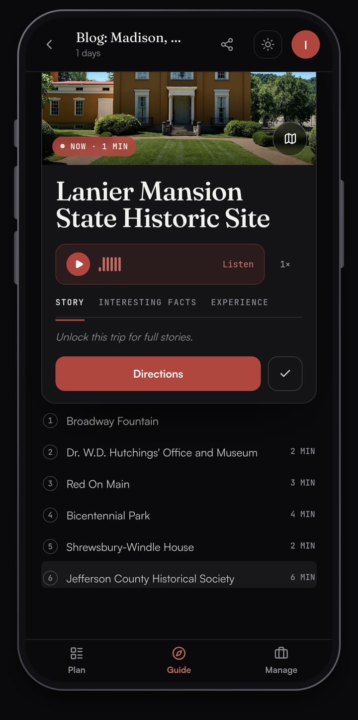 Passage AI Guide card for Lanier Mansion State Historic Site with a photo of the mansion, a Listen button and the day's other stops listed below