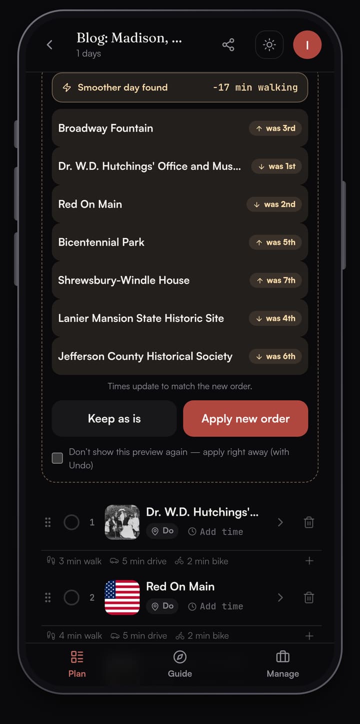 Passage AI Optimize preview reading Smoother day found, minus 17 minutes walking, listing the seven Madison stops with their old positions and Keep as is and Apply new order buttons