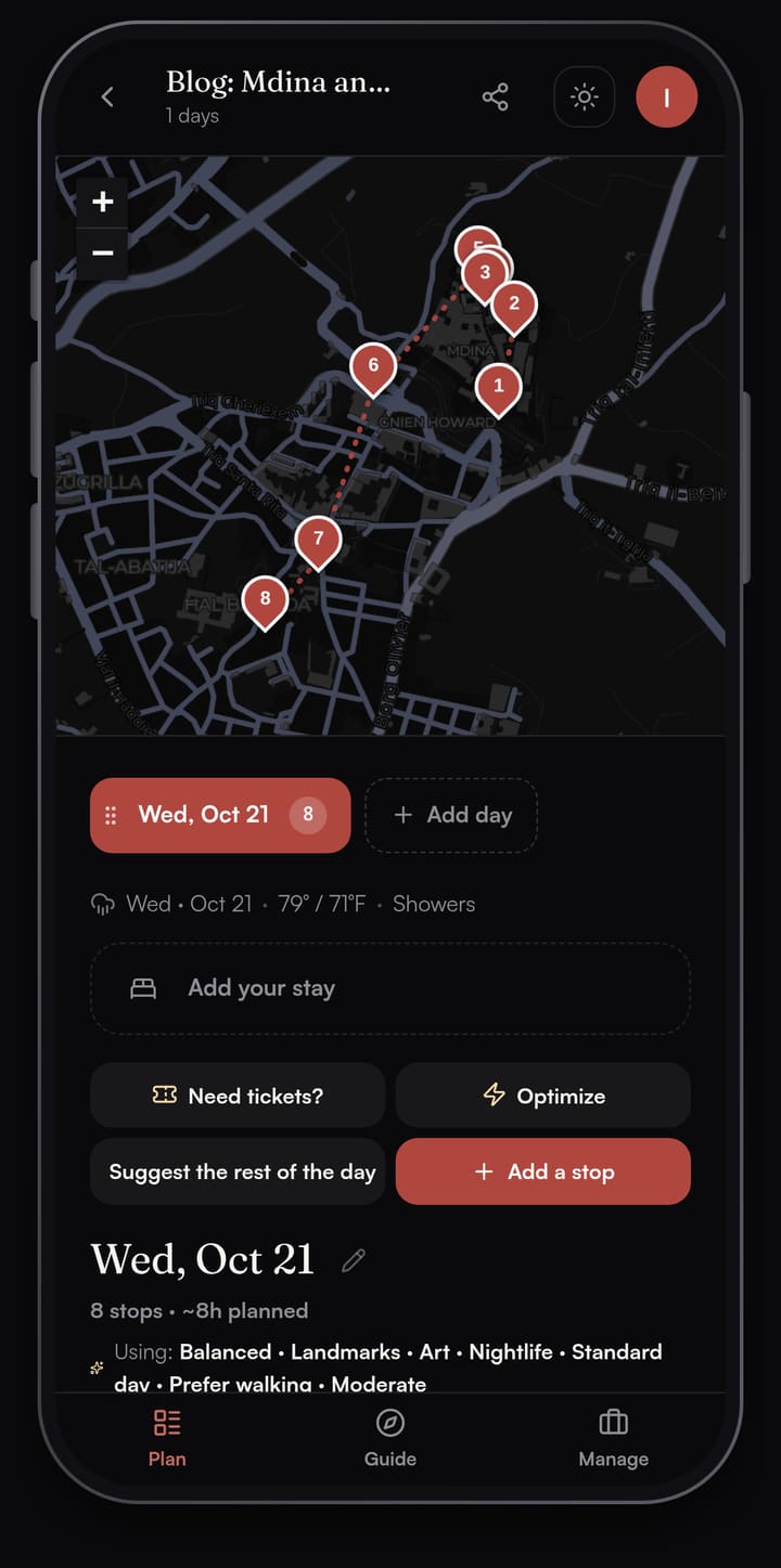 Passage AI map of a one-day Mdina and Rabat walking plan with eight numbered stops, five inside Mdina's walls and three in Rabat to the south-west, above the Need tickets? and Optimize buttons