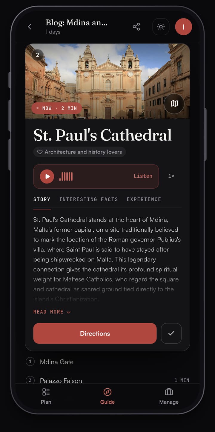 Passage AI Guide card for St Paul's Cathedral in Mdina with a photo of the Baroque facade, a Listen button and the Story tab about Publius and Saint Paul
