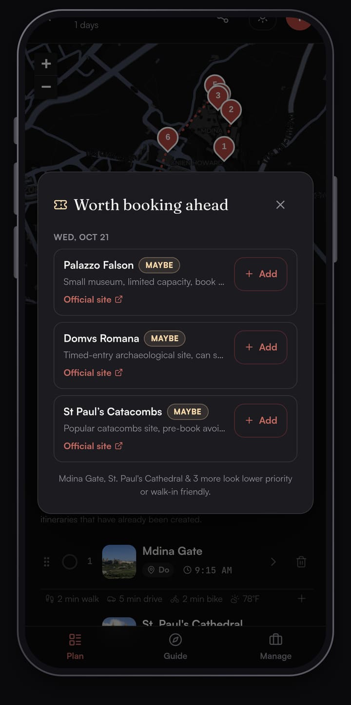 Passage AI Worth booking ahead sheet for Wednesday 21 October marking Palazzo Falson, Domvs Romana and St Paul's Catacombs as maybe, each with an Official site link