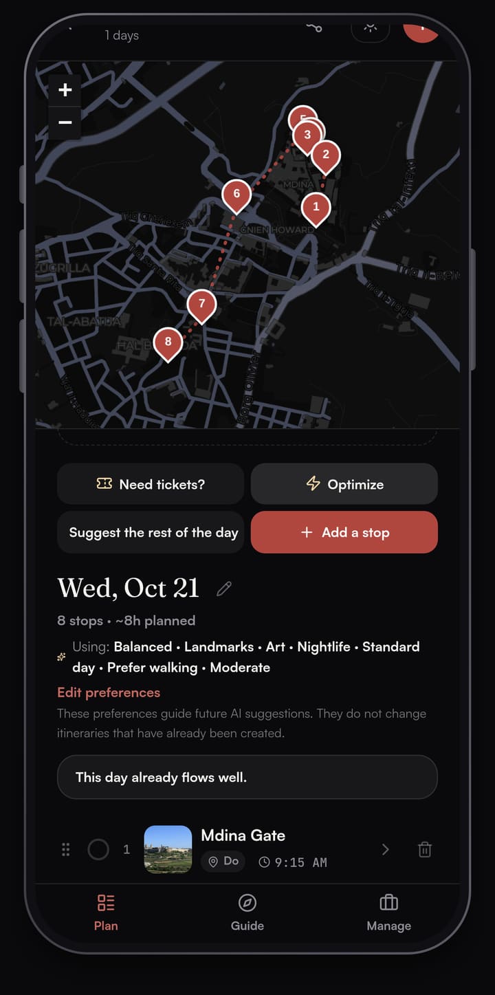 Passage AI Plan screen for the Mdina and Rabat day with the Optimize message This day already flows well above the first stop, Mdina Gate