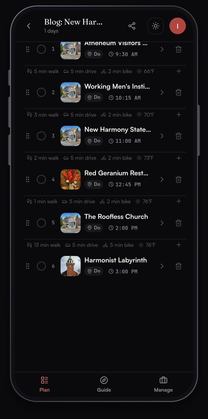 Passage AI plan list for New Harmony, Indiana showing the Atheneum, the Working Men's Institute, Community House No. 2, the Red Geranium, the Roofless Church and the Harmonist Labyrinth with times and walk minutes