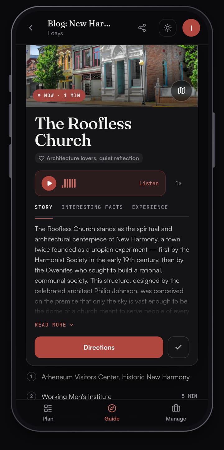 Passage AI Guide card for the Roofless Church in New Harmony with a Listen button, the Story tab open on the church's history and a Directions button