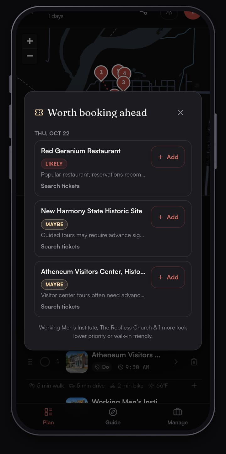 Passage AI Worth booking ahead sheet for Thursday, October 22, marking the Red Geranium Restaurant as likely and the New Harmony State Historic Site and the Atheneum Visitors Center as maybe