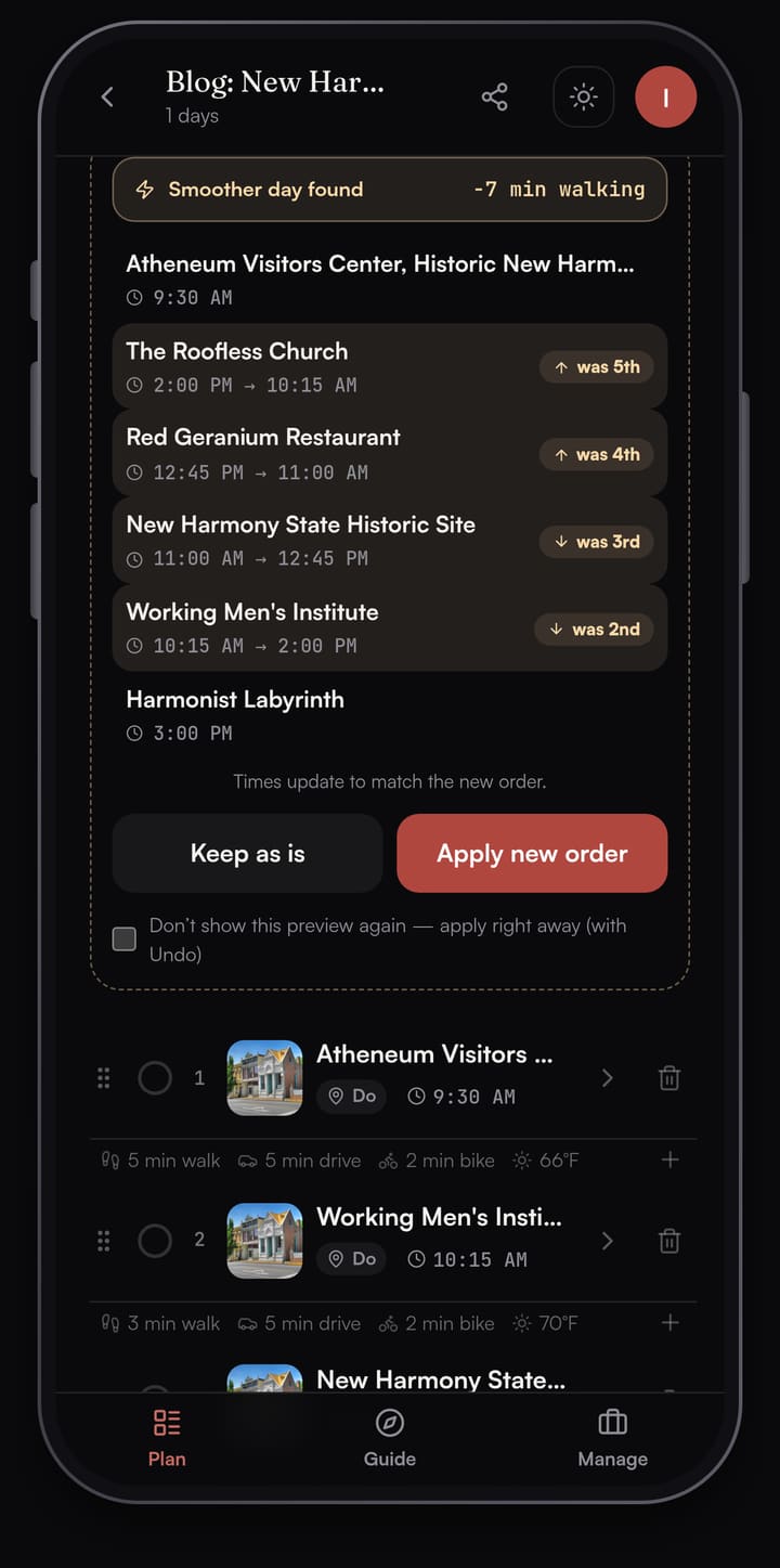Passage AI Optimize preview reading Smoother day found, minus 7 minutes walking, listing the six New Harmony stops with their old positions and Keep as is and Apply new order buttons