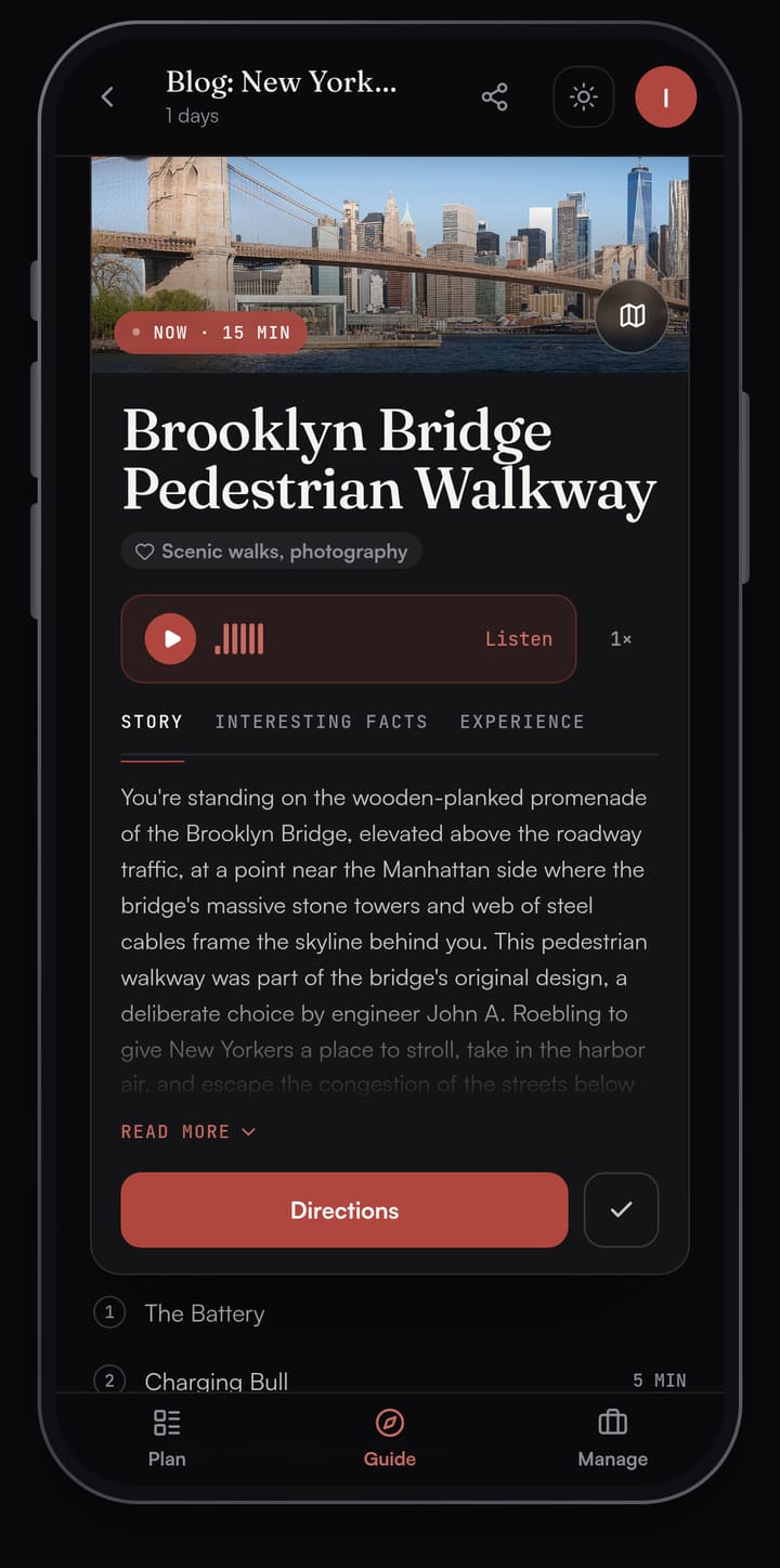 Passage AI Guide card for the Brooklyn Bridge with its photo, a Listen button and the Story tab
