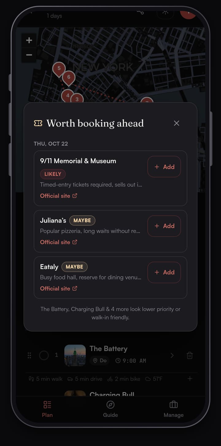 Passage AI Need tickets? sheet listing the New York City stops worth booking ahead