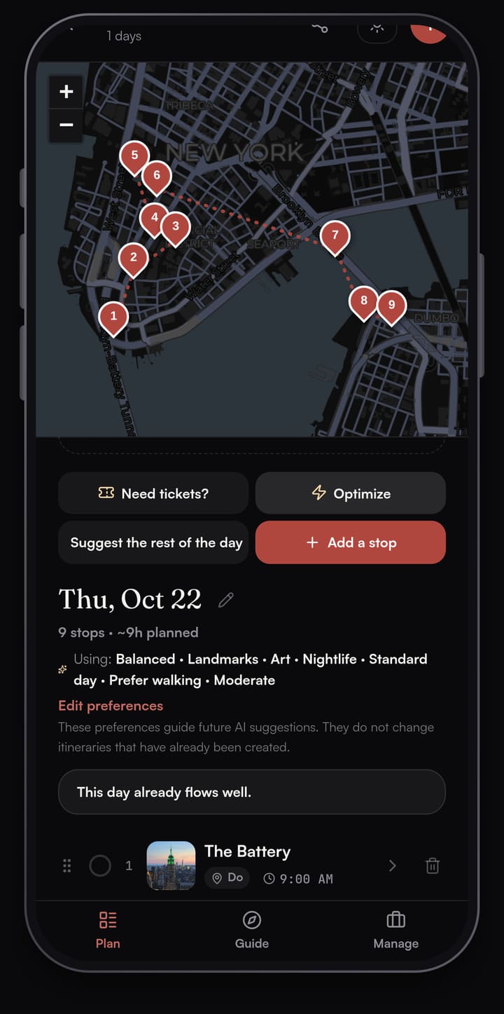 Passage AI Plan view after tapping Optimize, showing the message This day already flows well above the nine-stop New York City day